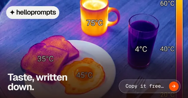 Social ad for HelloPrompts: "Taste, written down." Agentic glass style, image led layout, dark palette in blue, pink, grey.