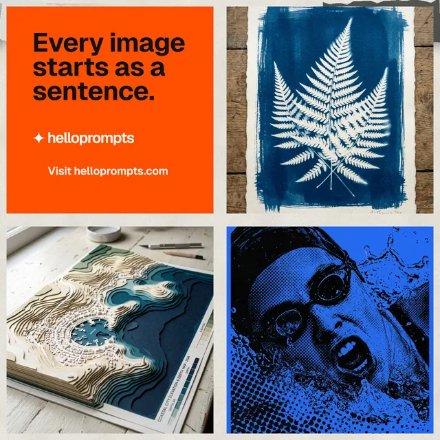 Instagram post for HelloPrompts: "Every image starts as a sentence." Swiss style, collage layout, light palette in blue, orange, grey.