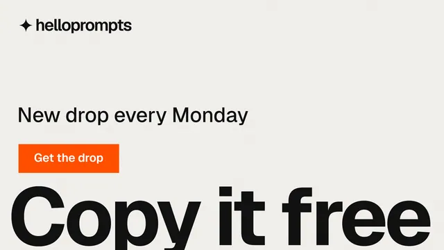 Landscape graphic for HelloPrompts: "Copy it free." Swiss style, oversized layout, light palette in white, grey.