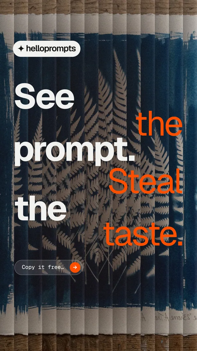 Instagram story for HelloPrompts: "See the prompt. Steal the taste." Agentic glass style, stacked layout, dark palette in grey, blue, black.