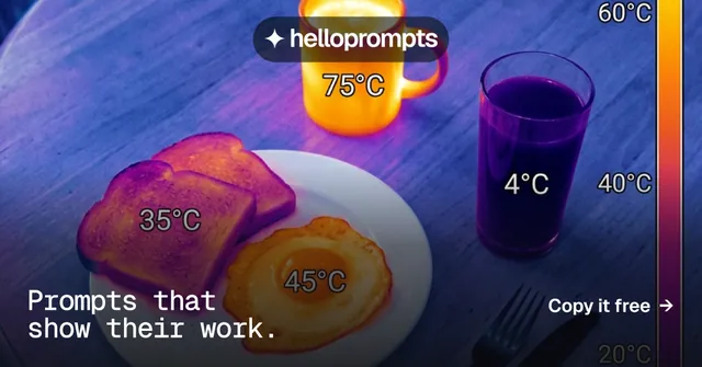 Social ad for HelloPrompts: "Prompts that show their work." Swiss style, image led layout, dark palette in blue, pink, grey.