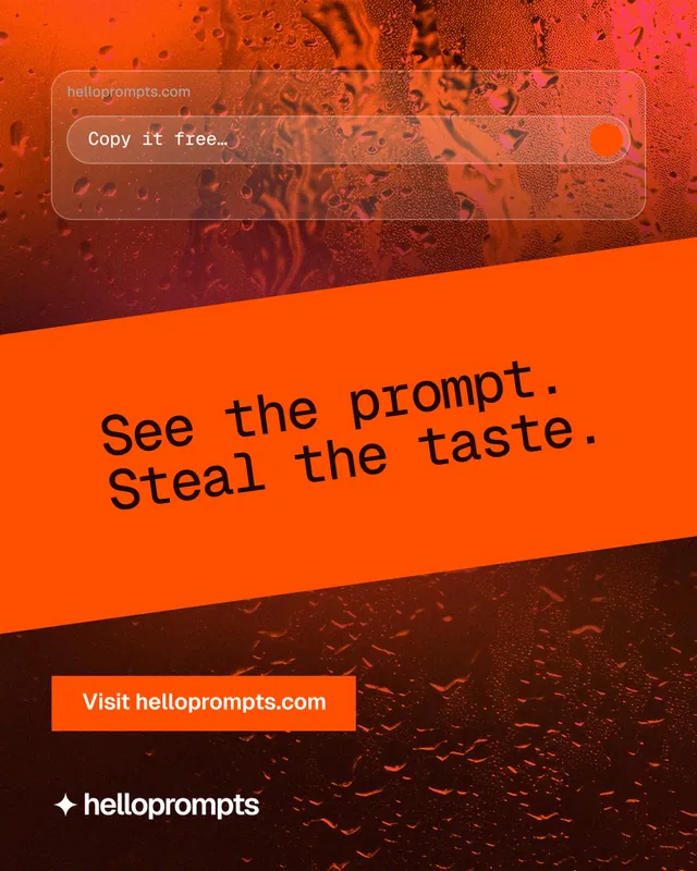 Instagram portrait post for HelloPrompts: "See the prompt. Steal the taste." Swiss style, diagonal layout, dark palette in orange, red.