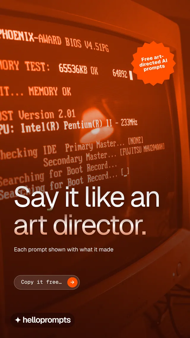 Instagram story for HelloPrompts: "Say it like an art director." Agentic glass style, sticker layout, dark palette in red, orange.