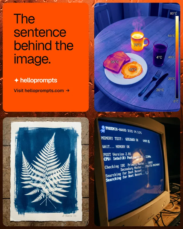 Instagram portrait post for HelloPrompts: "The sentence behind the image." Agentic glass style, collage layout, dark palette in blue, red, grey.