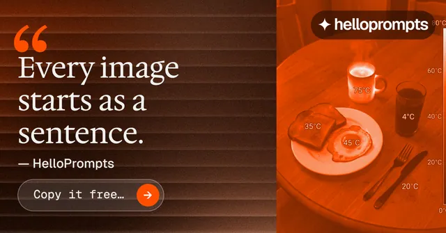 Social ad for HelloPrompts: "Every image starts as a sentence." Agentic glass style, quote layout, dark palette in orange, brown.