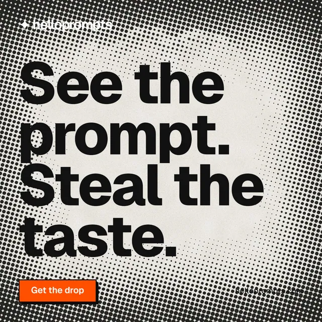 Instagram post for HelloPrompts: "See the prompt. Steal the taste." Brutalist style, poster layout, light palette in grey, black, yellow.