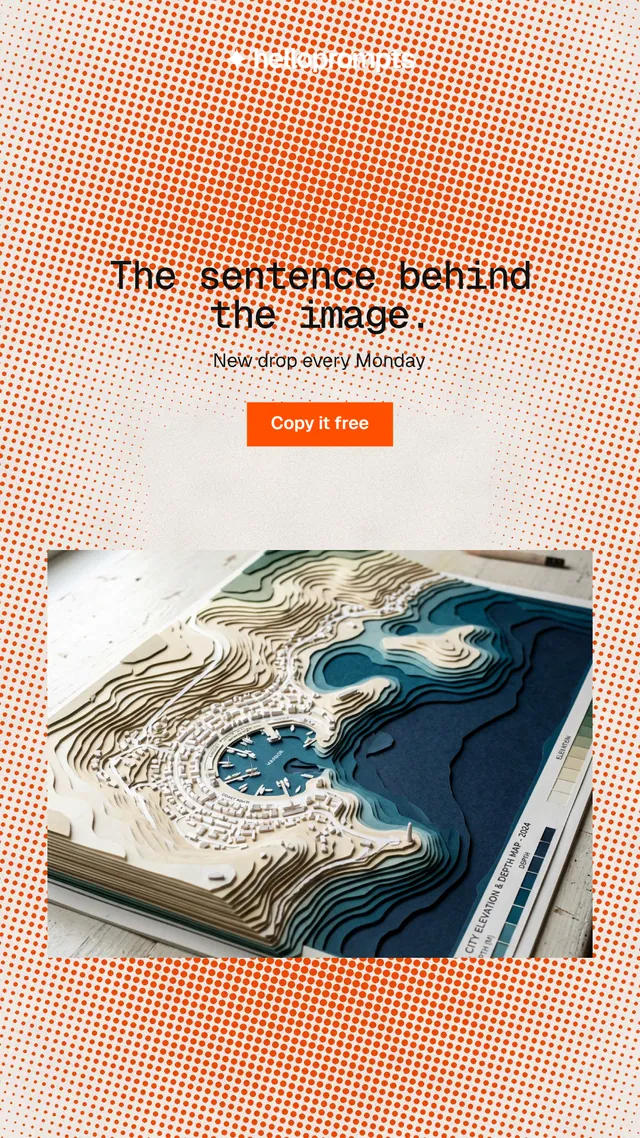 Instagram story for HelloPrompts: "The sentence behind the image." Swiss style, centred layout, light palette in orange, grey.
