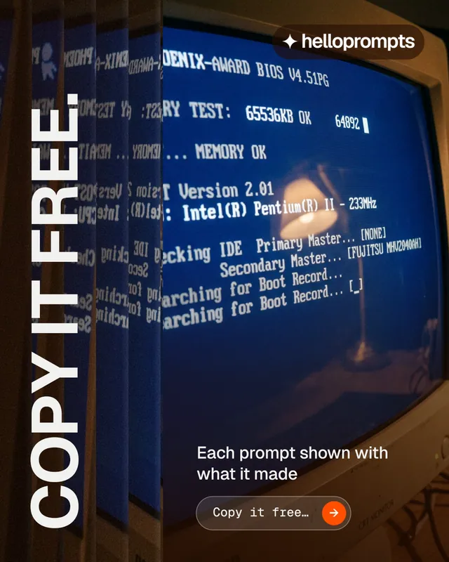 Instagram portrait post for HelloPrompts: "Copy it free." Agentic glass style, vertical layout, dark palette in black, blue, grey.
