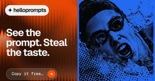 Social ad for HelloPrompts: "See the prompt. Steal the taste." Agentic glass style, bottom layout, dark palette in orange, blue, grey.