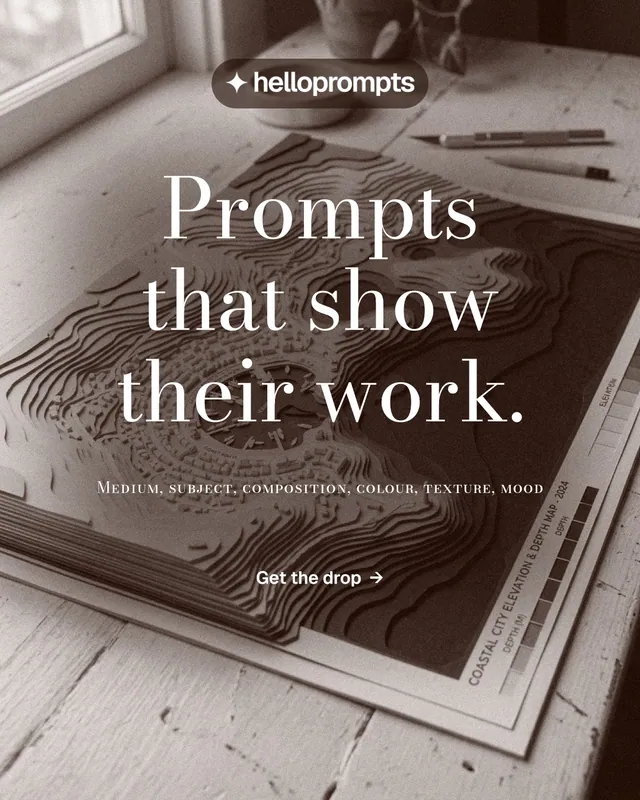Instagram portrait post for HelloPrompts: "Prompts that show their work." Minimal luxury style, smallcaps layout, light palette in grey, orange.