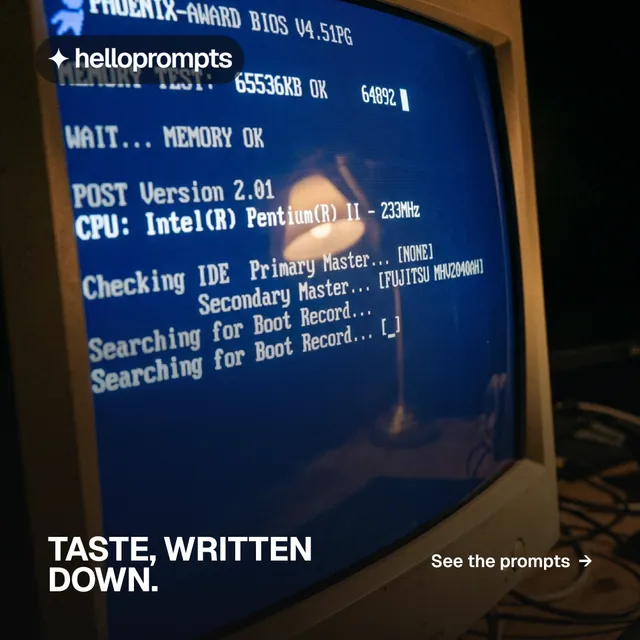 Instagram post for HelloPrompts: "Taste, written down." Swiss style, image led layout, dark palette in black, blue, grey.