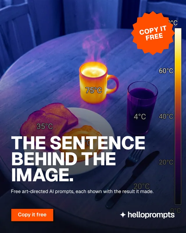 Instagram portrait post for HelloPrompts: "The sentence behind the image." Brutalist style, sticker layout, dark palette in blue, purple, orange.