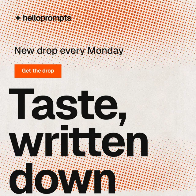 Instagram post for HelloPrompts: "The sentence behind the image." Swiss style, oversized layout, light palette in orange, white.