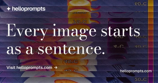 Social ad for HelloPrompts: "Every image starts as a sentence." Minimal luxury style, poster layout, dark palette in blue, black, pink.