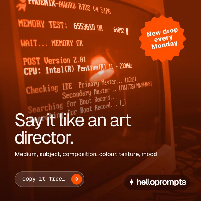 Instagram post for HelloPrompts: "Say it like an art director." Agentic glass style, sticker layout, dark palette in orange, red.