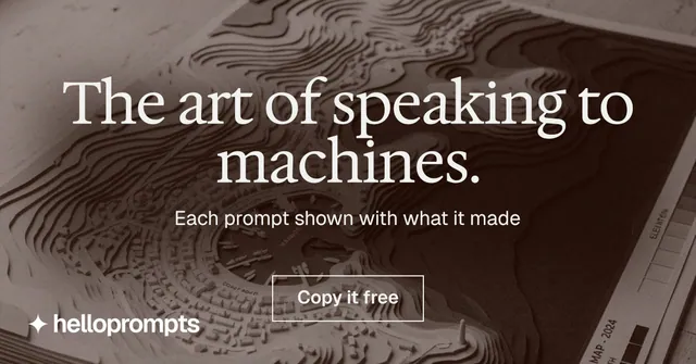 Social ad for HelloPrompts: "The art of speaking to machines." Editorial style, centred layout, dark palette in black, grey, orange.