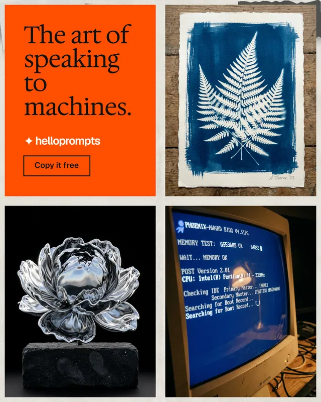 Instagram portrait post for HelloPrompts: "The art of speaking to machines." Editorial style, collage layout, dark palette in black, orange, grey.