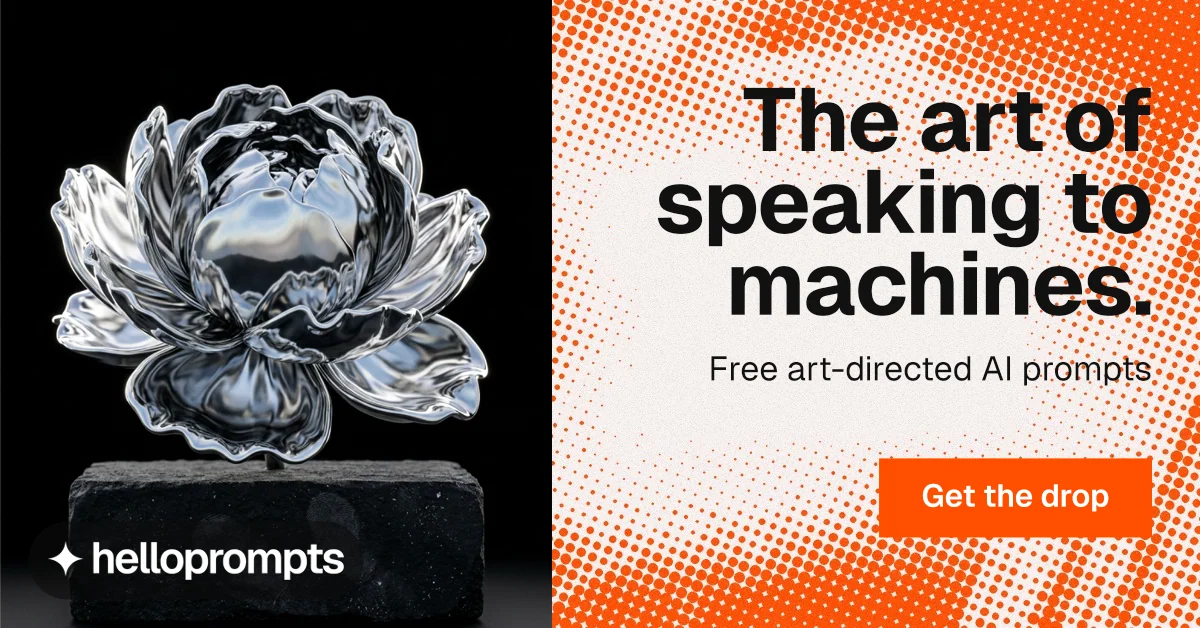 Social ad for HelloPrompts: "The art of speaking to machines." Swiss style, right layout, light palette in black, orange, white.