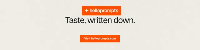 LinkedIn banner for HelloPrompts: "Taste, written down." Swiss style, centred layout, light palette in yellow, orange.