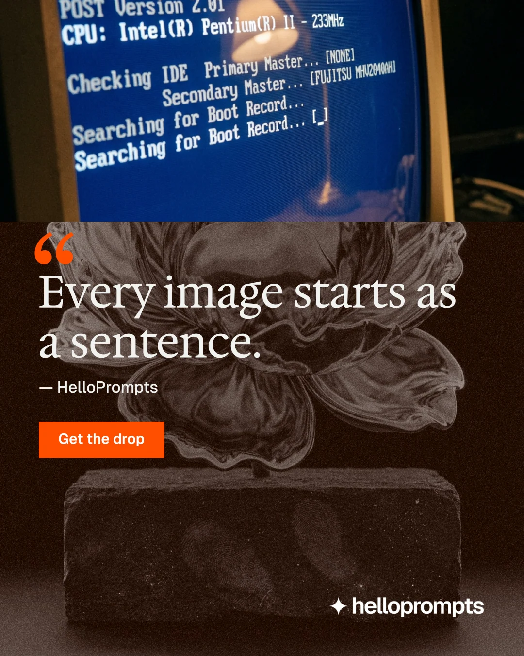 Instagram portrait post for HelloPrompts: "Copy it free." Swiss style, quote layout, dark palette in black, grey.