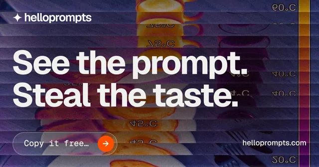 Social ad for HelloPrompts: "See the prompt. Steal the taste." Agentic glass style, poster layout, dark palette in grey, purple, blue.