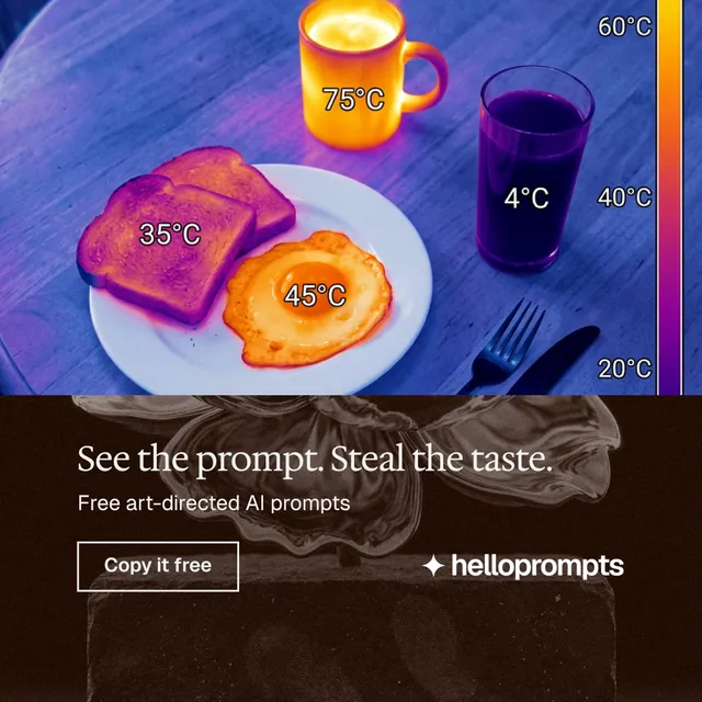 Instagram post for HelloPrompts: "See the prompt. Steal the taste." Editorial style, bottom layout, dark palette in black, blue, orange.