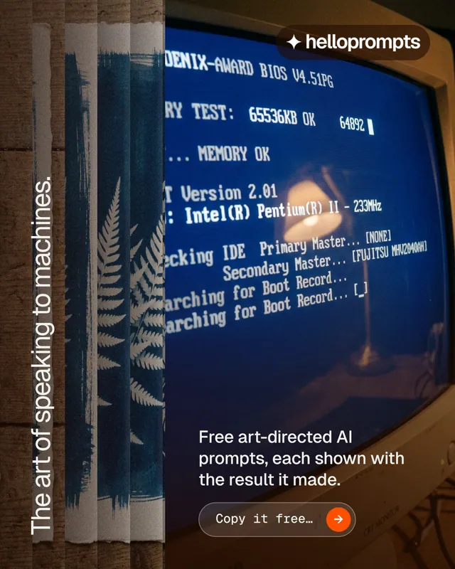Instagram portrait post for HelloPrompts: "The art of speaking to machines." Agentic glass style, vertical layout, dark palette in red, blue, grey.