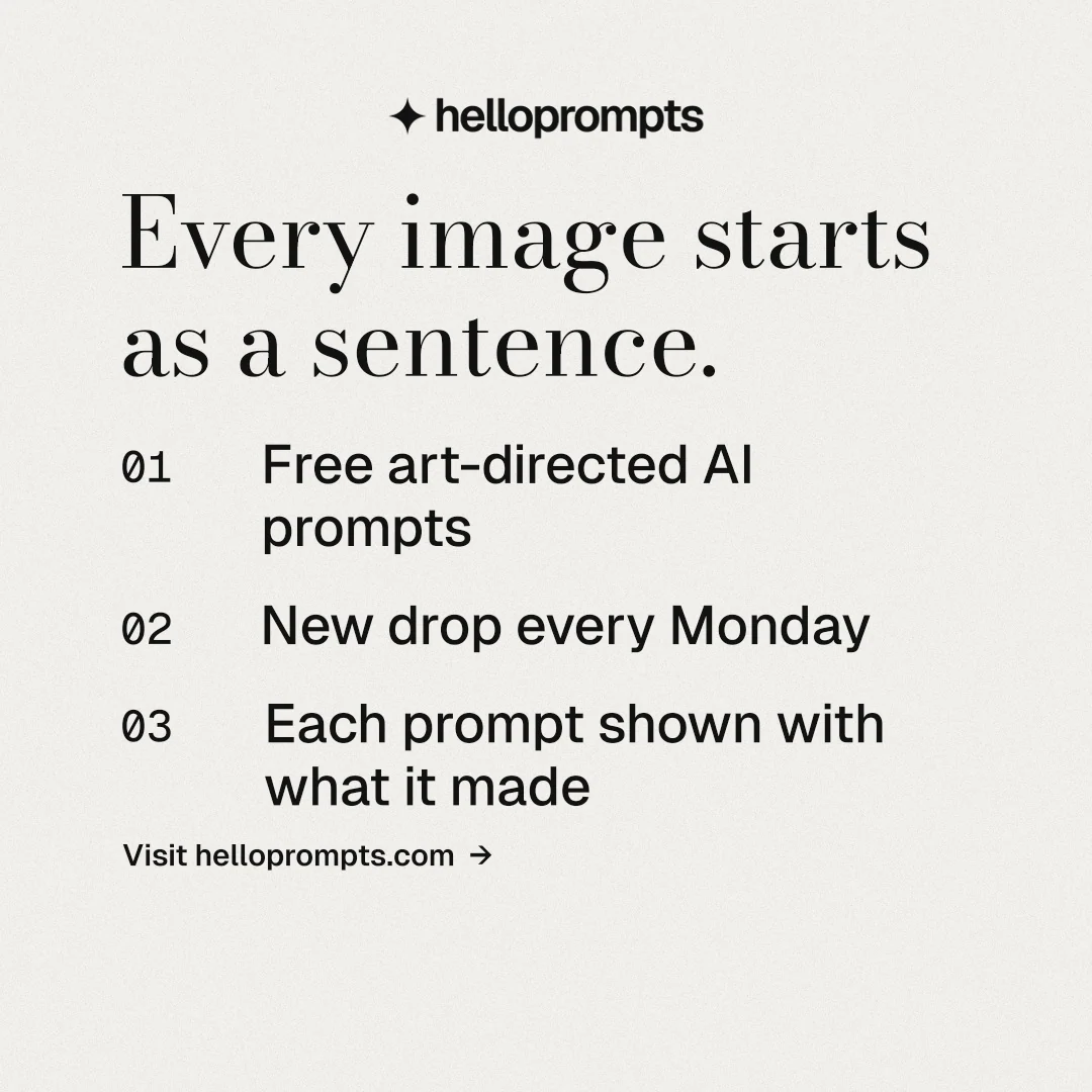 Instagram post for HelloPrompts: "Every image starts as a sentence." Minimal luxury style, numbered layout, light palette in white.