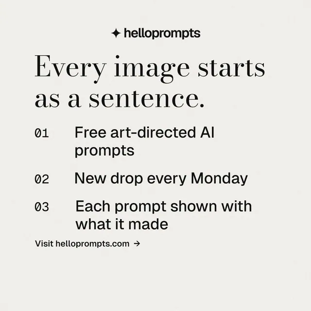 Instagram post for HelloPrompts: "Every image starts as a sentence." Minimal luxury style, numbered layout, light palette in white.