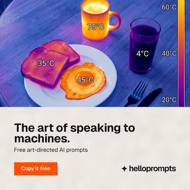 Instagram post for HelloPrompts: "The art of speaking to machines." Swiss style, bottom layout, light palette in blue, orange, purple.