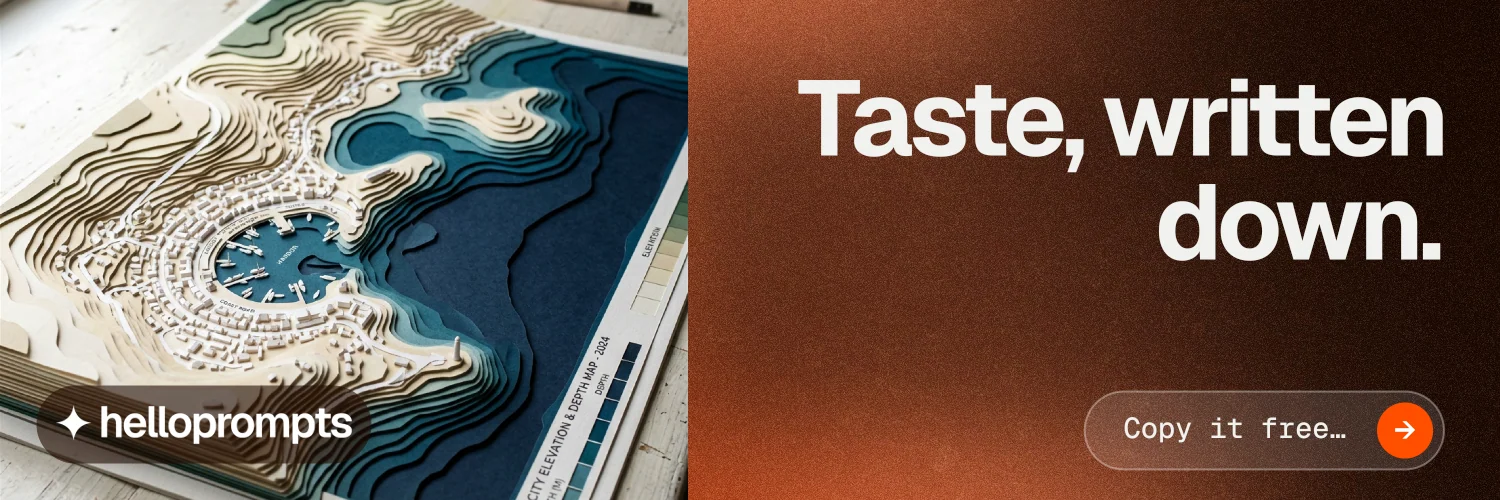 X header for HelloPrompts: "Taste, written down." Agentic glass style, right layout, dark palette in orange, black, grey.