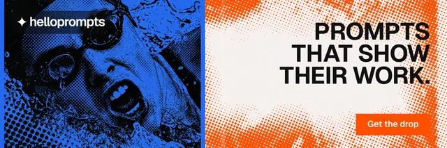 X header for HelloPrompts: "Prompts that show their work." Swiss style, right layout, light palette in white, blue, red.