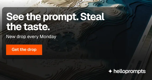 Social ad for HelloPrompts: "See the prompt. Steal the taste." Swiss style, skeleton layout, dark palette in black, orange, grey.