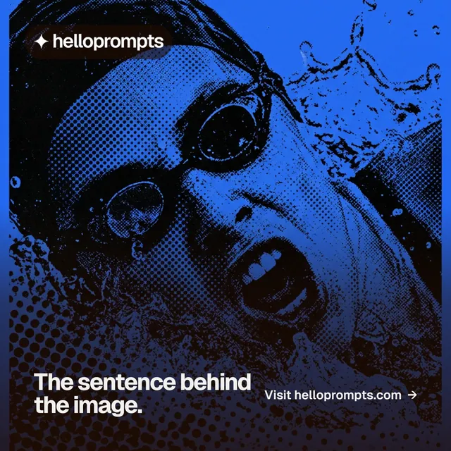 Instagram post for HelloPrompts: "The sentence behind the image." Swiss style, image led layout, dark palette in blue, black.