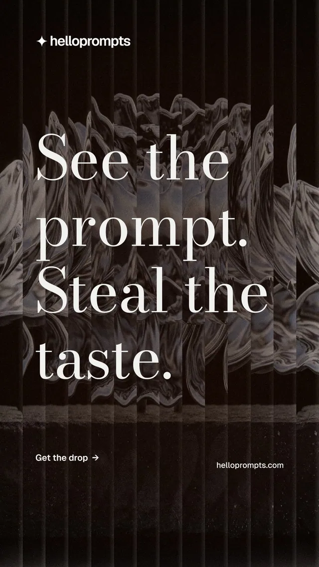 Instagram story for HelloPrompts: "See the prompt. Steal the taste." Minimal luxury style, poster layout, dark palette in black, grey.