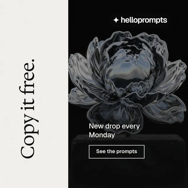 Instagram post for HelloPrompts: "Copy it free." Editorial style, vertical layout, dark palette in white, black, grey.