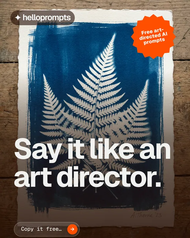 Instagram portrait post for HelloPrompts: "Say it like an art director." Agentic glass style, sticker layout, dark palette in orange, blue, grey.