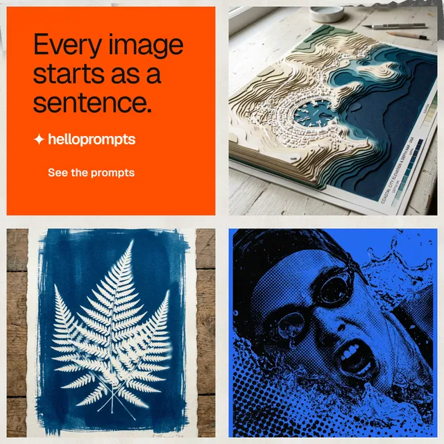 Instagram post for HelloPrompts: "Every image starts as a sentence." Swiss style, collage layout, light palette in blue, orange, grey.