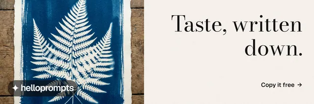 X header for HelloPrompts: "Taste, written down." Minimal luxury style, right layout, light palette in white, blue, grey.