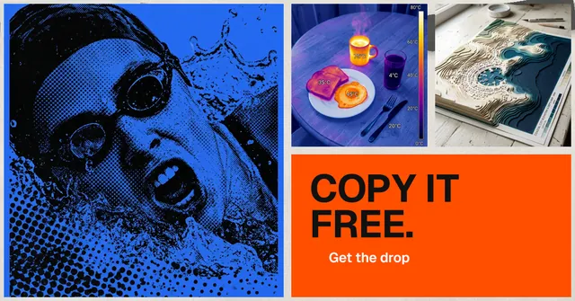 Social ad for HelloPrompts: "Copy it free." Swiss style, collage layout, dark palette in blue, black, red.