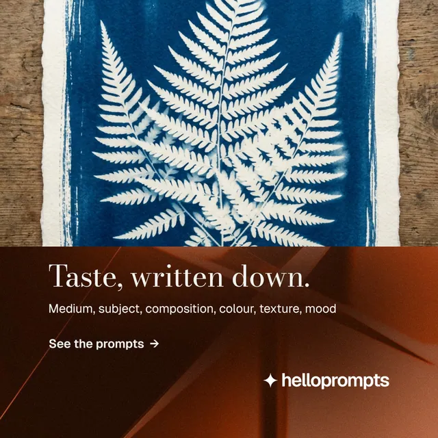 Instagram post for HelloPrompts: "Taste, written down." Minimal luxury style, bottom layout, dark palette in orange, grey, blue.