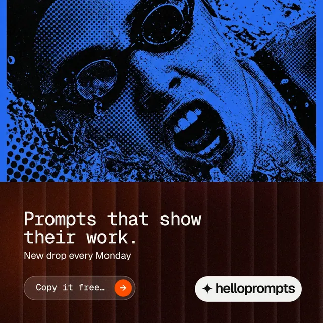 Instagram post for HelloPrompts: "Prompts that show their work." Agentic glass style, bottom layout, dark palette in blue, black, red.