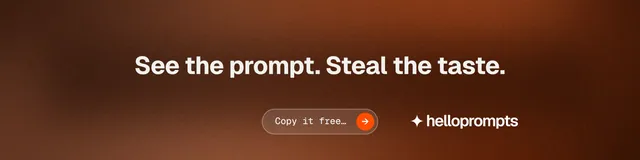 LinkedIn banner for HelloPrompts: "See the prompt. Steal the taste." Agentic glass style, centred layout, dark palette in orange, brown.