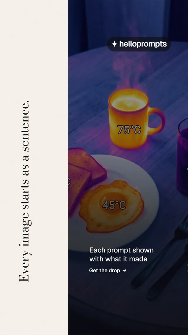 Instagram story for HelloPrompts: "Every image starts as a sentence." Minimal luxury style, vertical layout, light palette in blue, white, black.
