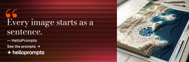 X header for HelloPrompts: "The sentence behind the image." Minimal luxury style, quote layout, dark palette in black, red, grey.