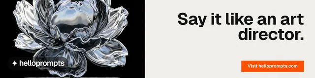 LinkedIn banner for HelloPrompts: "Say it like an art director." Swiss style, right layout, light palette in white, grey, black.