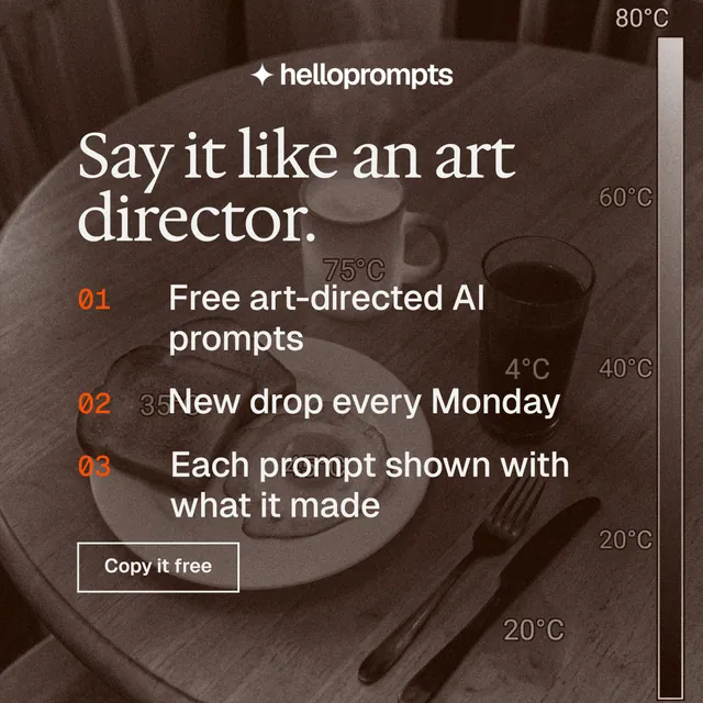 Instagram post for HelloPrompts: "Say it like an art director." Editorial style, numbered layout, dark palette in orange, grey.