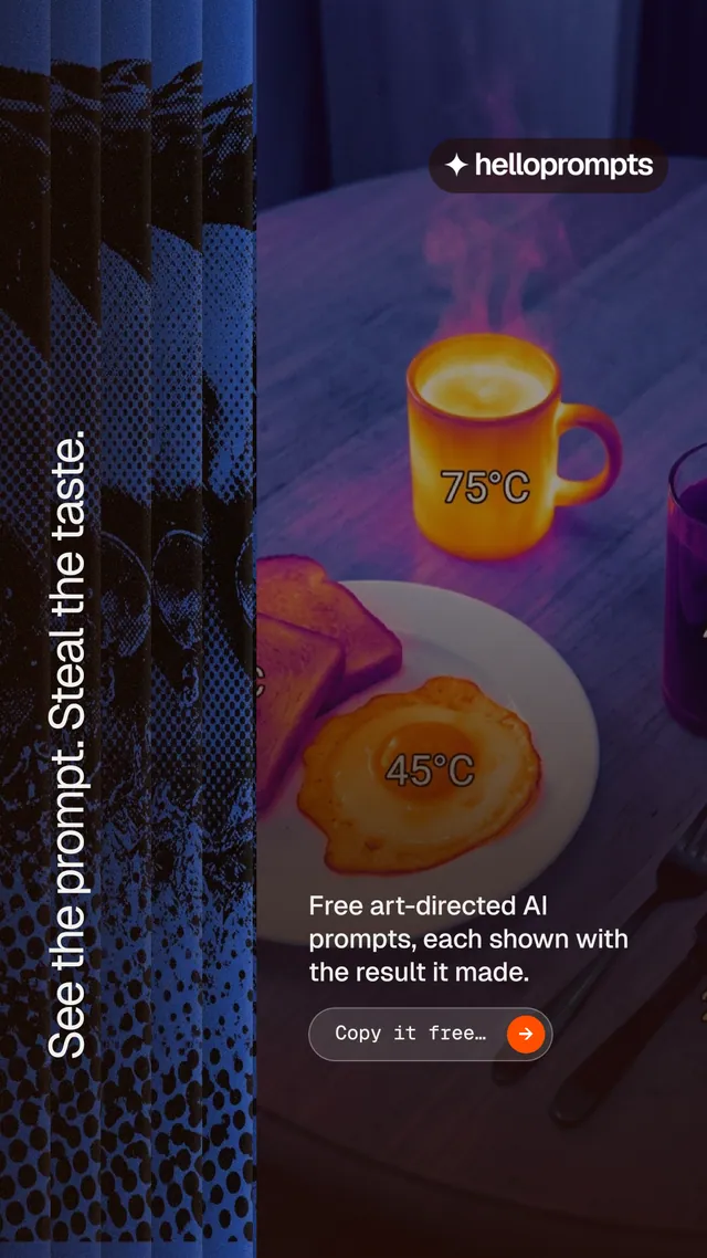 Instagram story for HelloPrompts: "See the prompt. Steal the taste." Agentic glass style, vertical layout, dark palette in blue, black, grey.