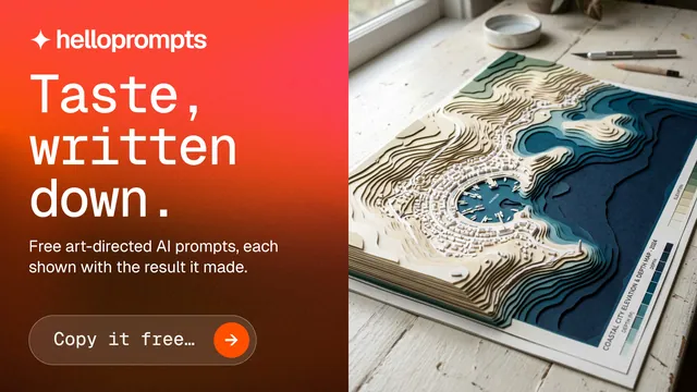 Landscape graphic for HelloPrompts: "Taste, written down." Agentic glass style, bottom layout, light palette in orange, red, grey.