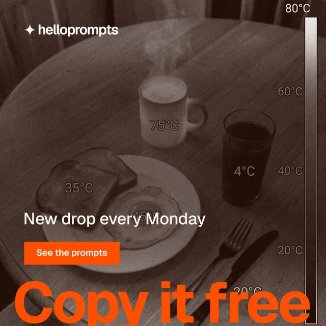 Instagram post for HelloPrompts: "Copy it free." Swiss style, oversized layout, dark palette in orange, grey, brown.